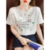 A new trend of white cotton short-sleeved T-shirt for women in 2025 summer, loose embroidered and printed women's T-shirt top Specification image